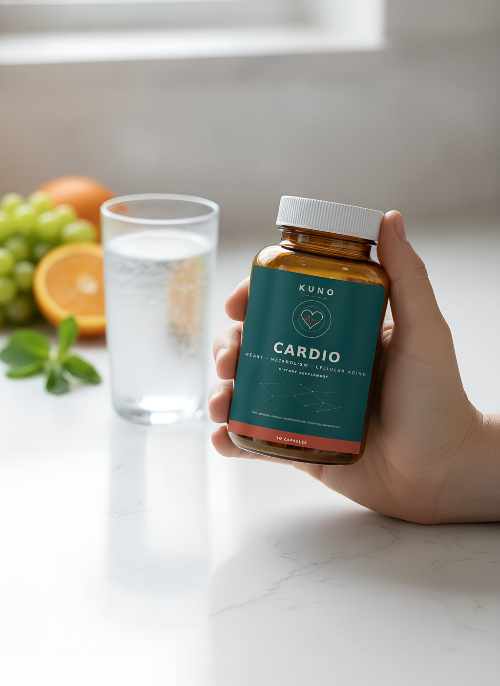 Hand holding KUNO Cardio in the kitchen
