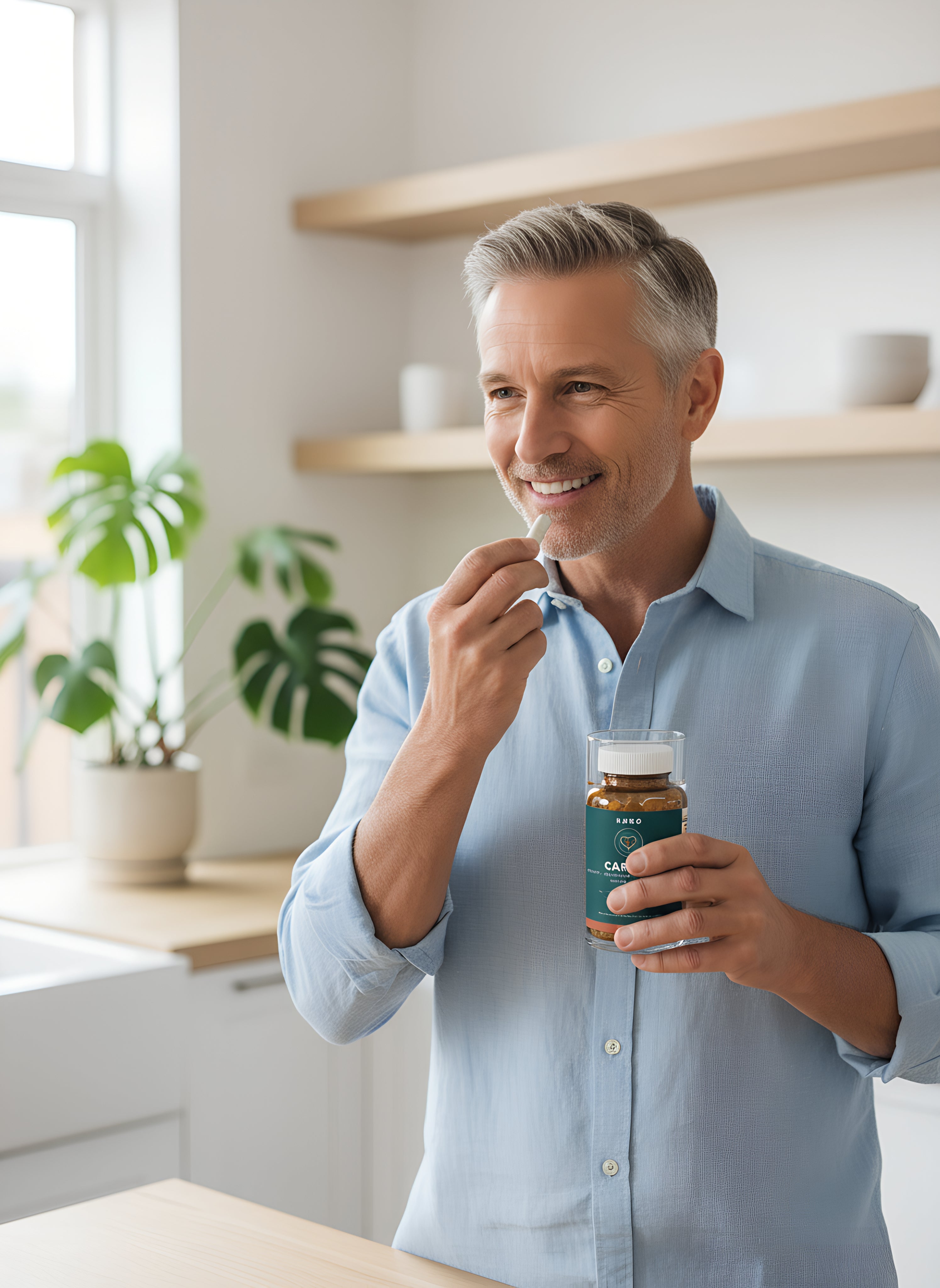 Man taking KUNO Cardio in a bright kitchen